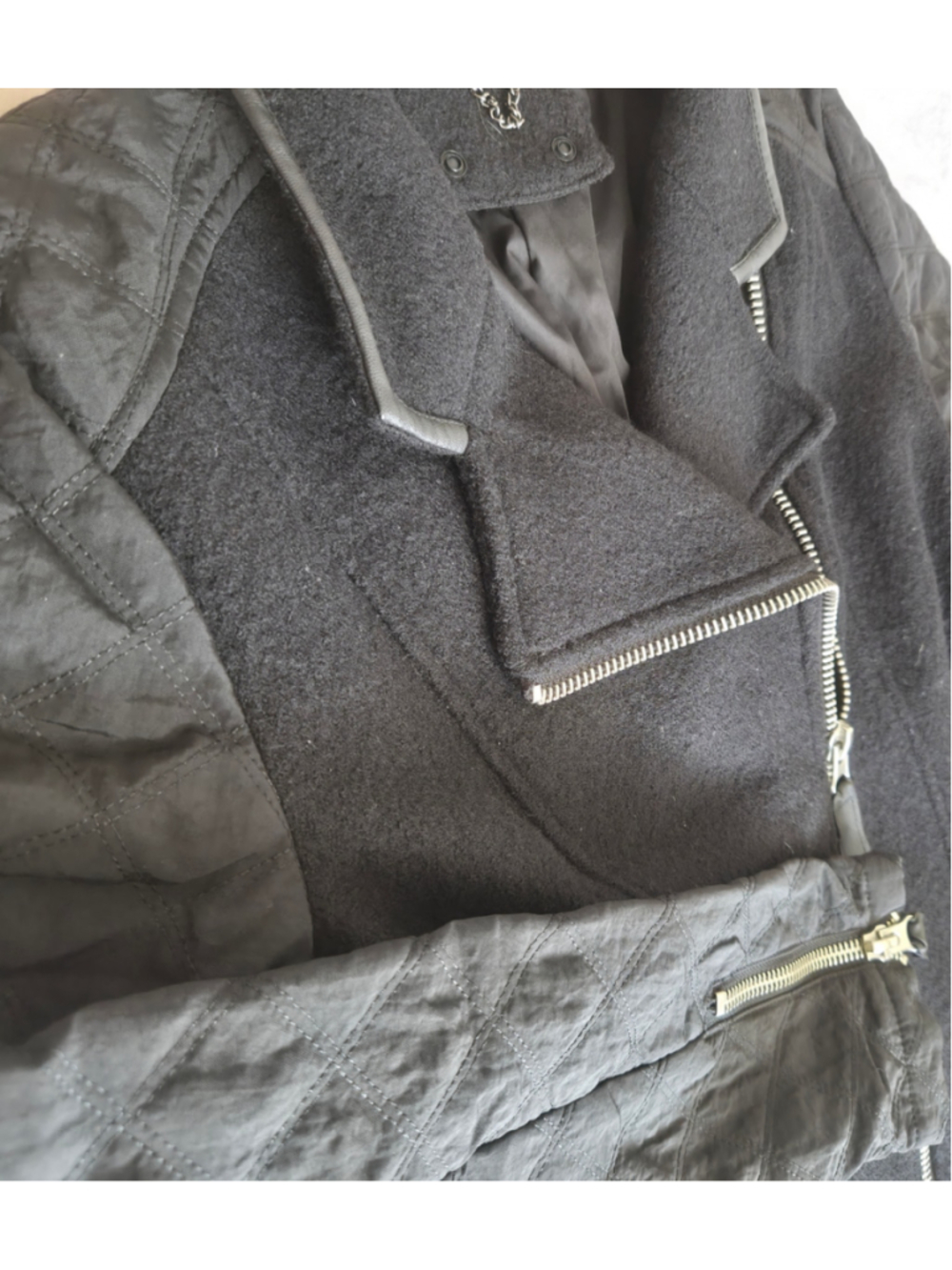 Womens 100% Wool Moto Jacket M Black Quilted Biker Faux Leather Zip Streetwear - Picture 2 of 10
